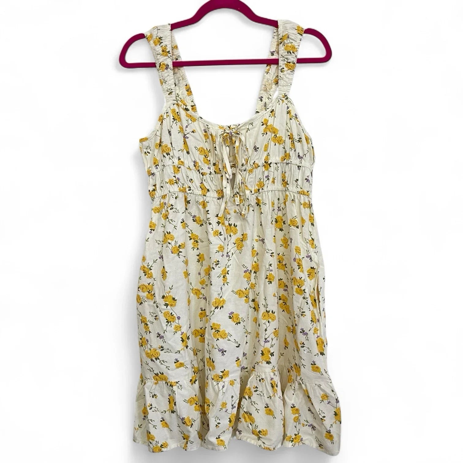 Sim & Sam Women’s Sundress – Yellow/White Floral, Size XL Linen with Ruffle Hem - Trendiez U ♥