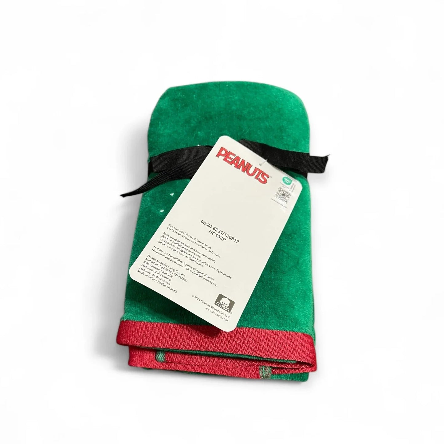 Snoopy Peanuts Christmas Cotton Velour Green Hand Towel Set of 2 Embroidered - Trendiez U ♥