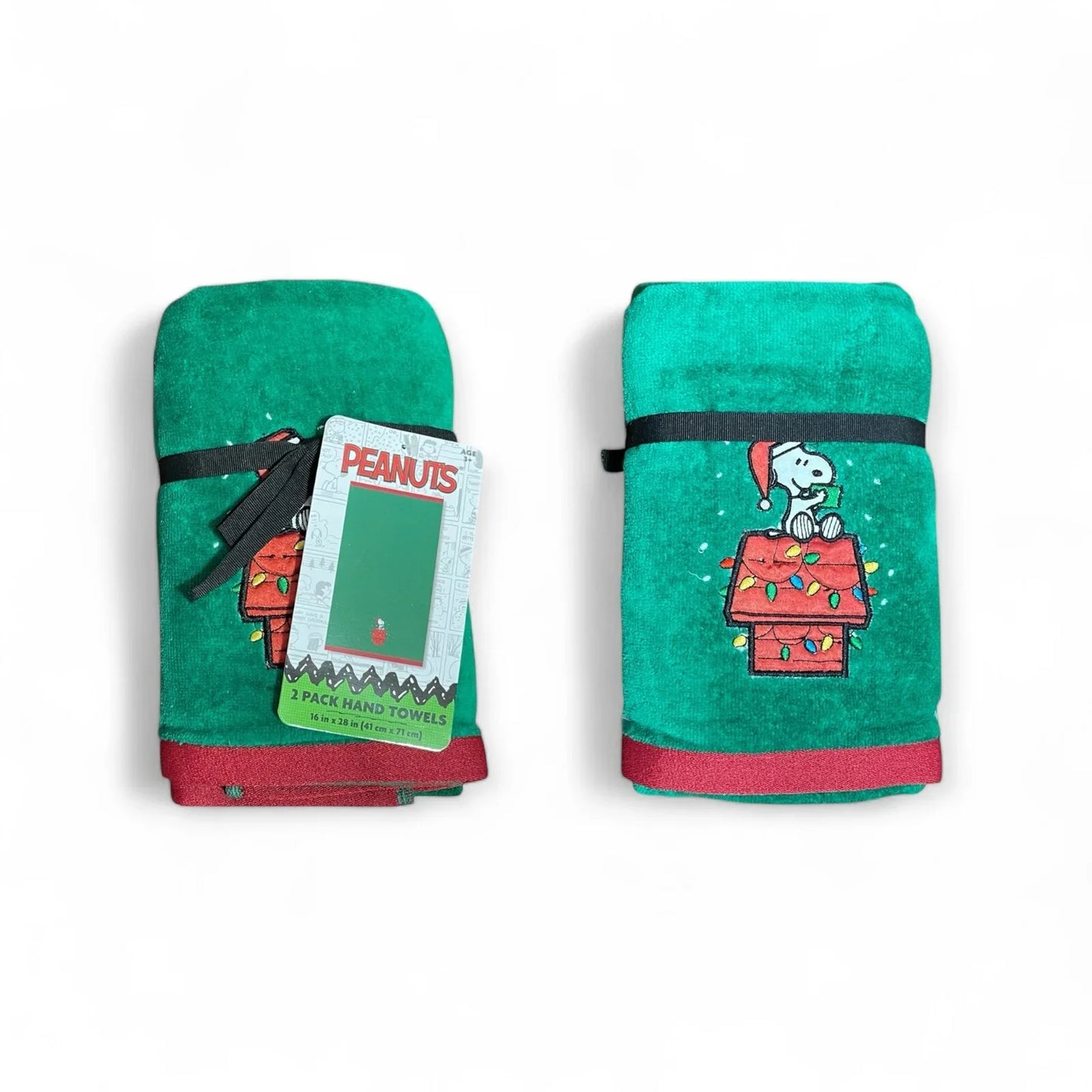 Snoopy Peanuts Christmas Cotton Velour Green Hand Towel Set of 2 Embroidered - Trendiez U ♥