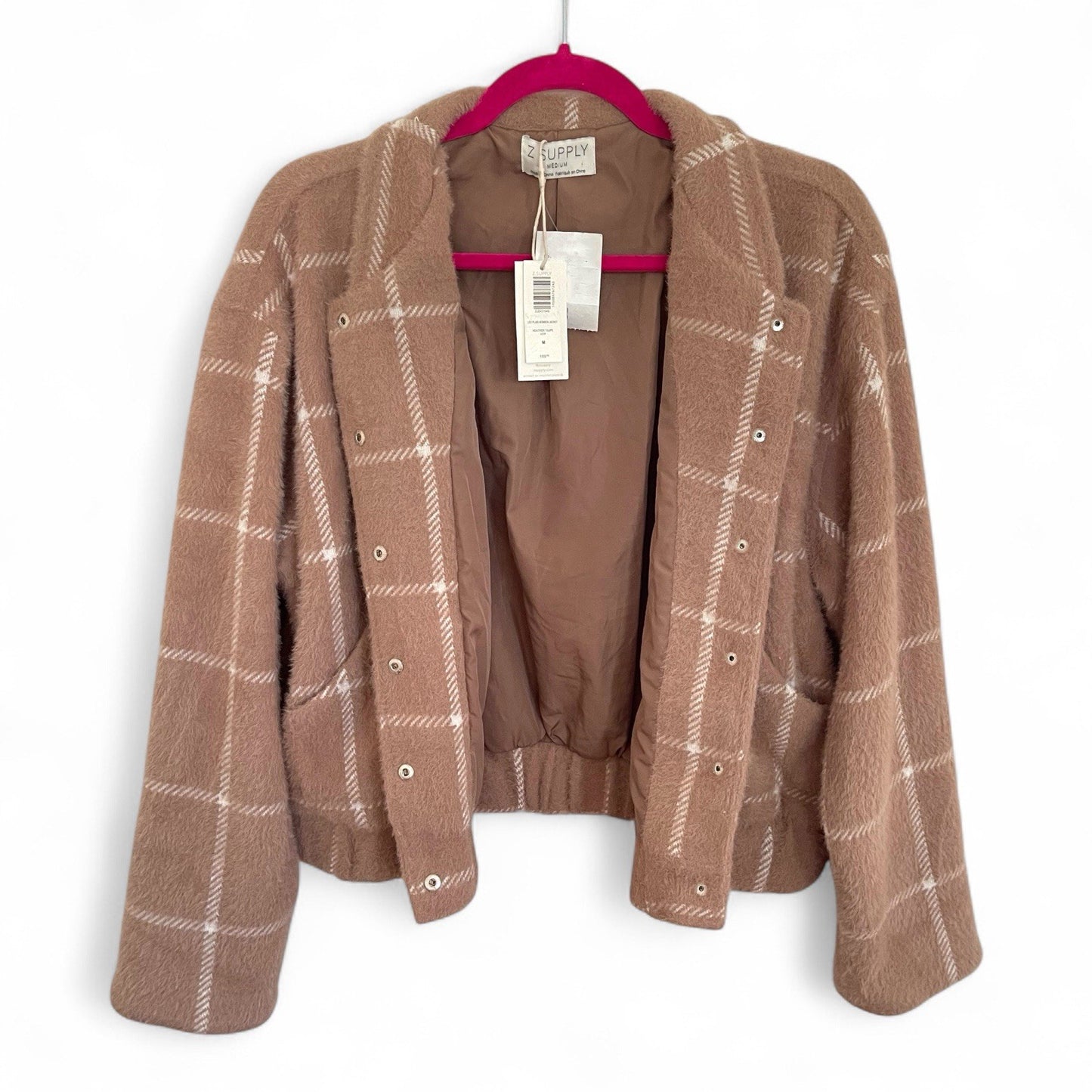Z Supply Plaid Bomber Jacket Size Medium Taupe Classic MSRP $169 - Trendiez U ♥