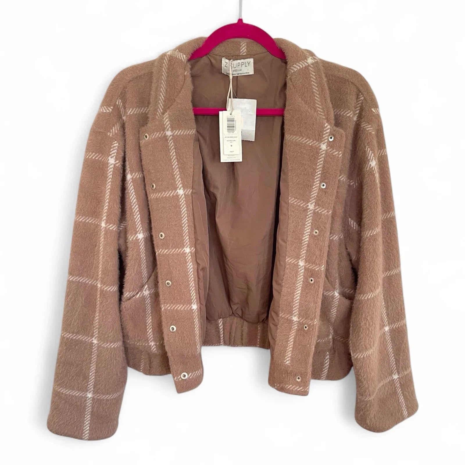 Z Supply Plaid Bomber Jacket Size Medium Taupe Classic MSRP $169 - Trendiez U ♥