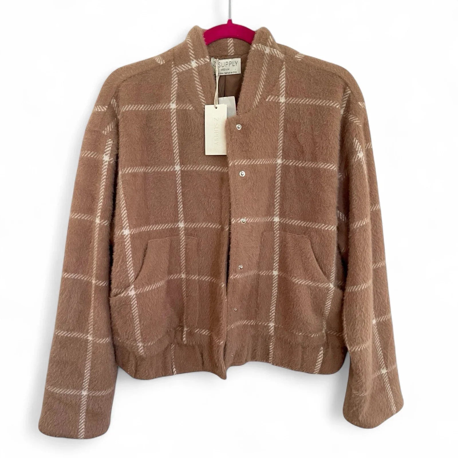 Z Supply Plaid Bomber Jacket Size Medium Taupe Classic MSRP $169 - Trendiez U ♥