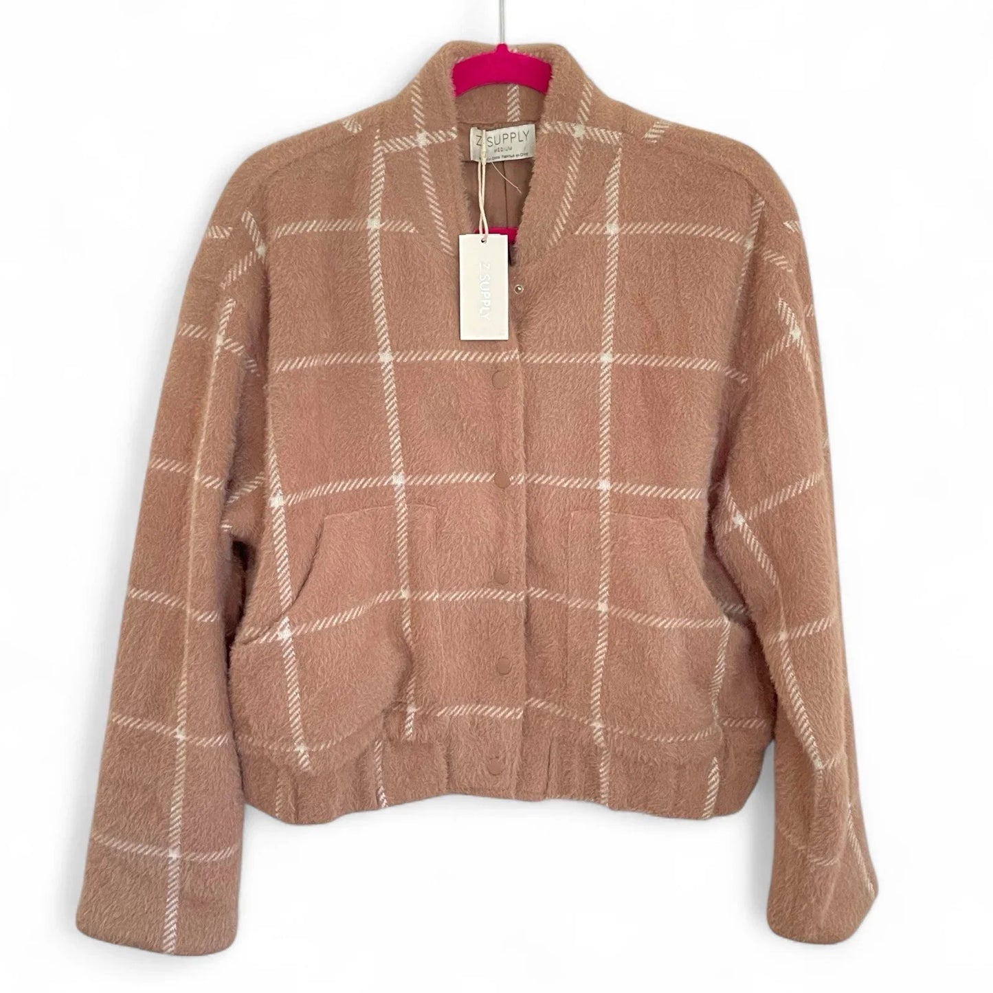 Z Supply Plaid Bomber Jacket Size Medium Taupe Classic MSRP $169 - Trendiez U ♥