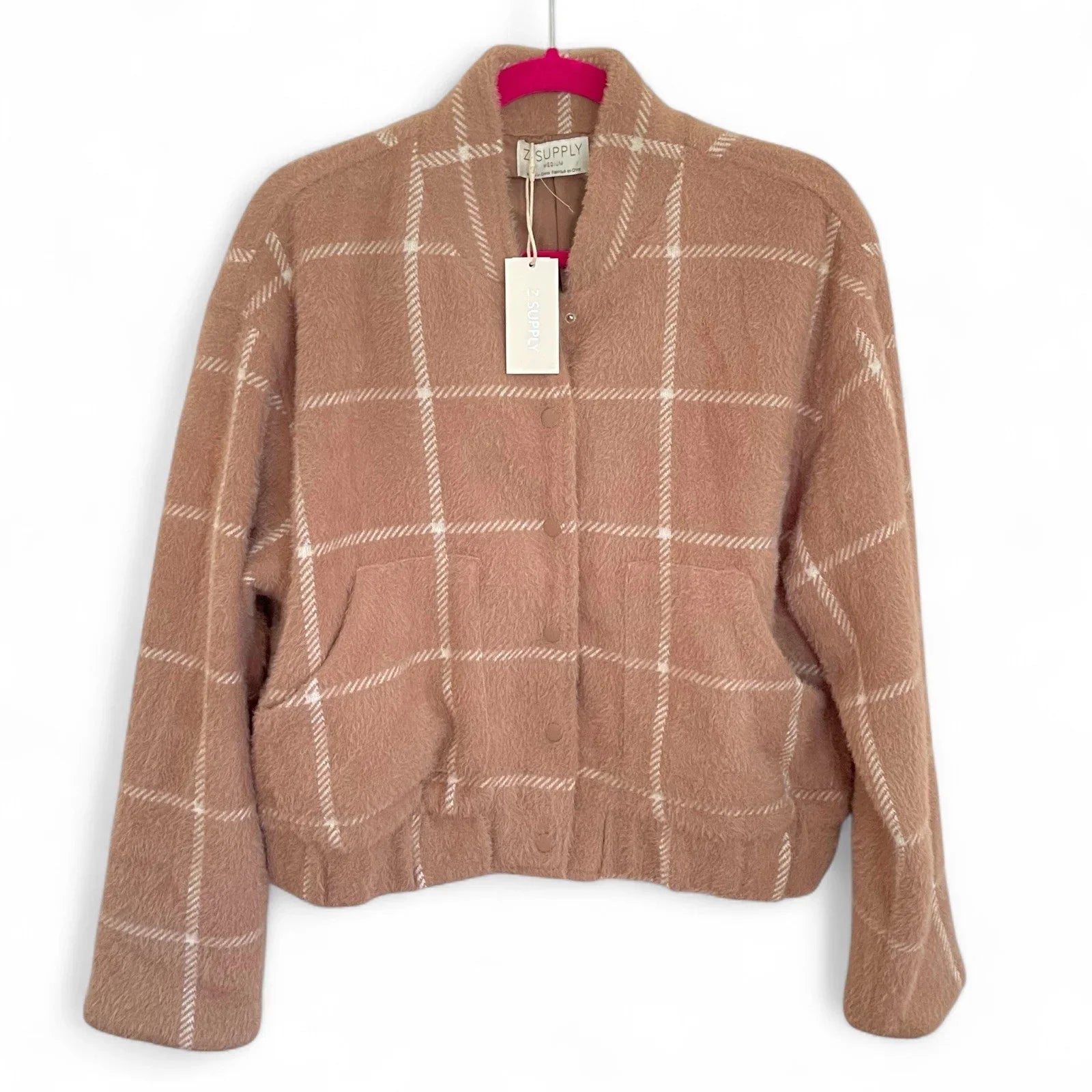 Z Supply Plaid Bomber Jacket Size Medium Taupe Classic MSRP $169 - Trendiez U ♥