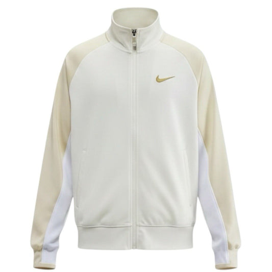 Front of cream and light khaki Nike zip jacket with Swoosh chest logo