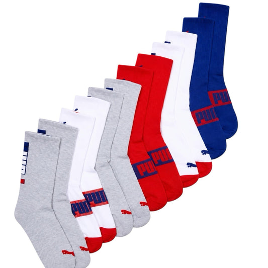 Six pairs of PUMA crew socks in red, white, blue and gray