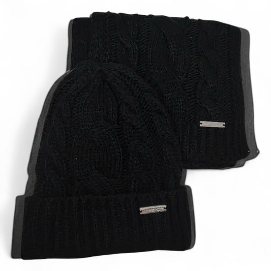 Black cable-knit Michael Kors cuffed hat and matching scarf with metallic logo plaques