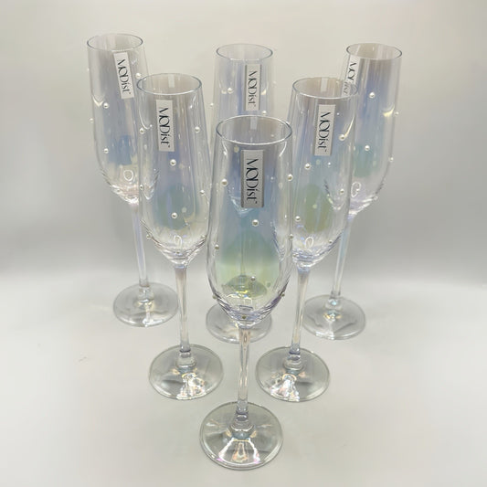 Set of six Modist iridescent champagne flutes with pearl-like accents