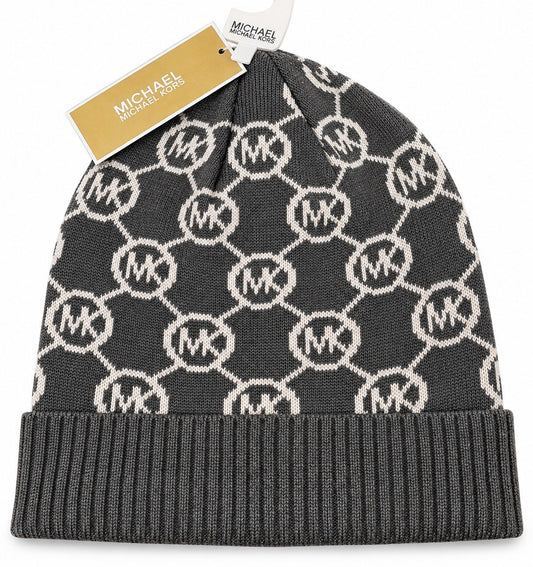 Gray Michael Kors MK monogram cuffed beanie with tags