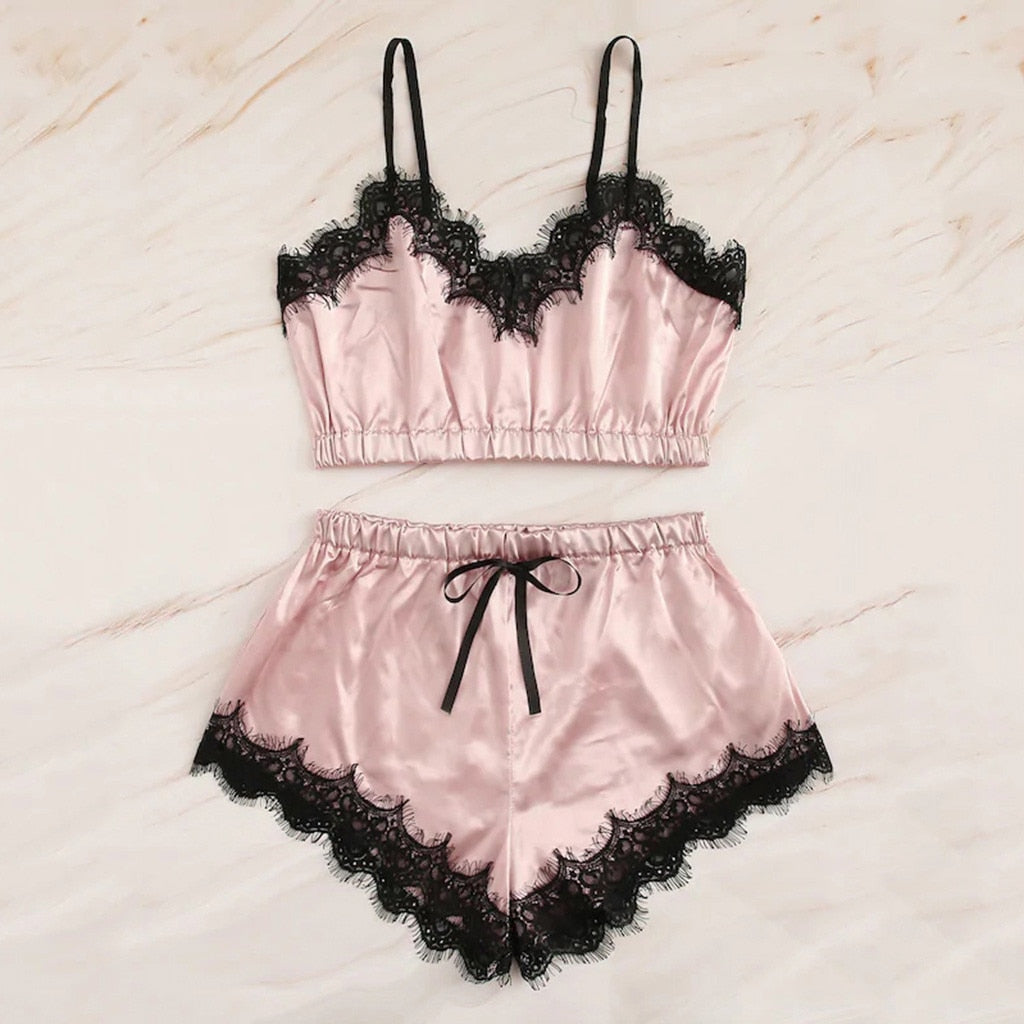 Lace-Trimmed Satin Pajama Set