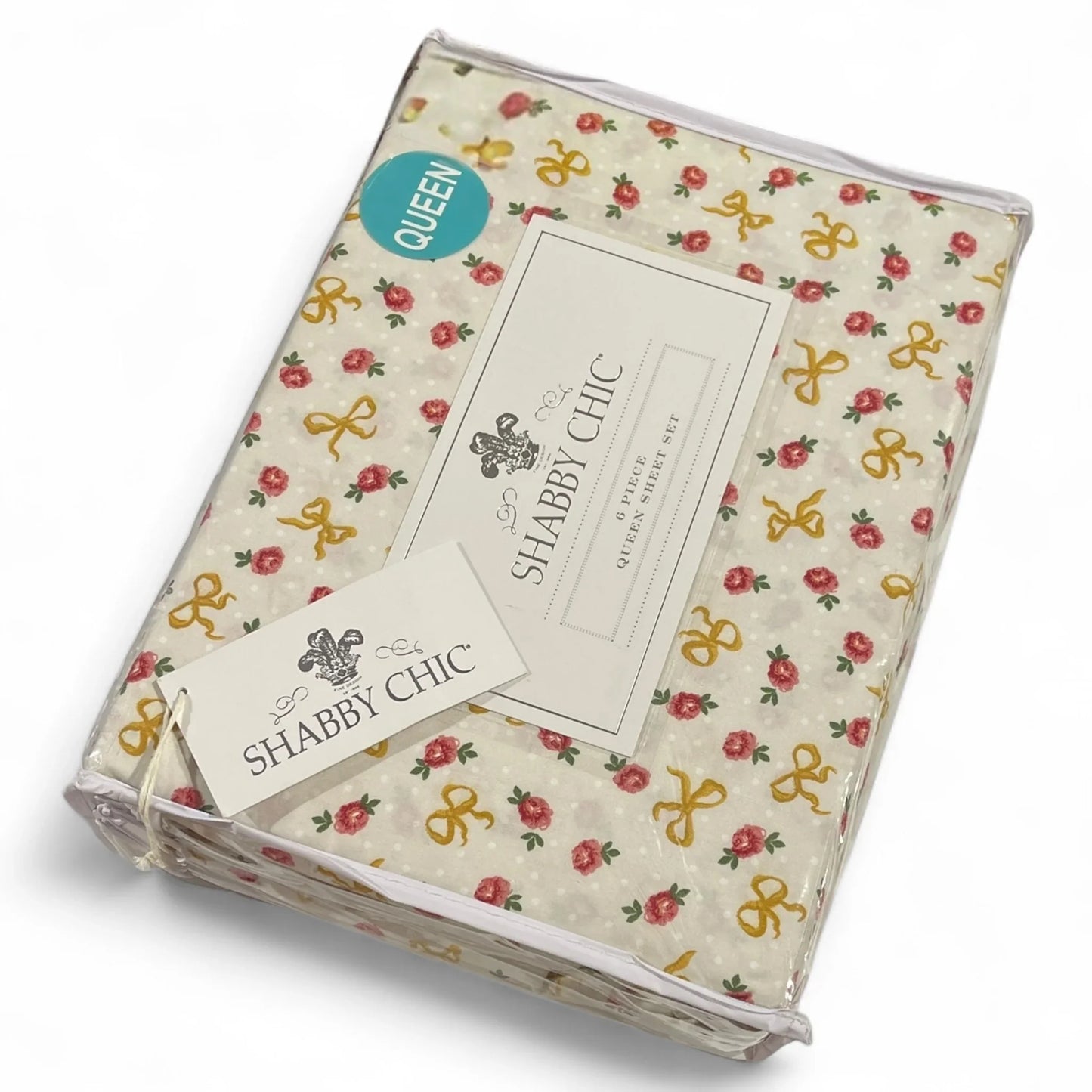 Shabby Chic Queen Sheet Set 6pc Yellow Bow & Rose Floral Pattern, 4 Pillowcases