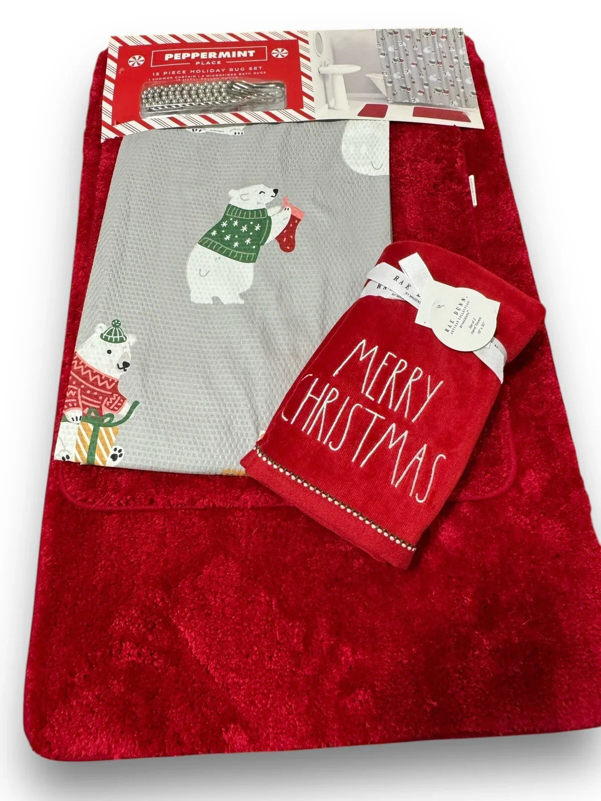 17 pc Christmas Shower Curtain Bears Set, Rug/ Hangers/ Bath Mat/Shower Curtain - Trendiez U ♥ 