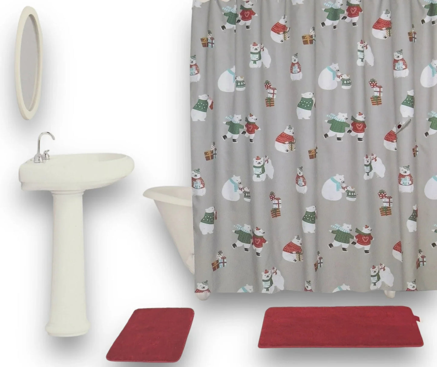 17 pc Christmas Shower Curtain Bears Set, Rug/ Hangers/ Bath Mat/Shower Curtain - Trendiez U ♥ 
