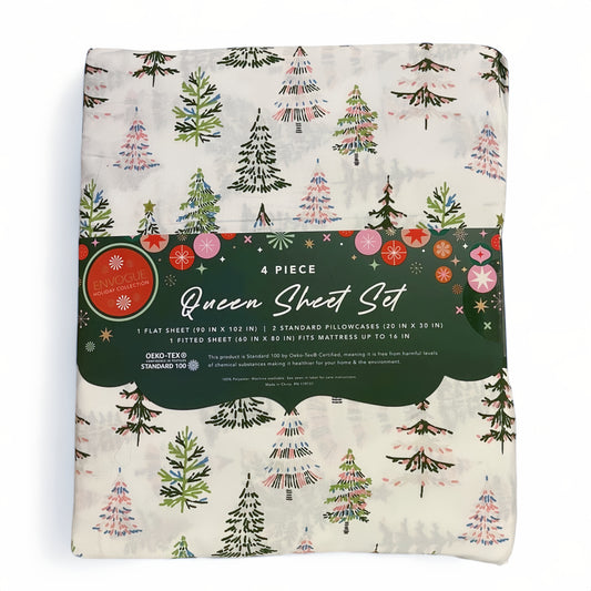 Envogue Holiday Queen Sheet Set – Christmas Tree Print 4 Piece Bedding