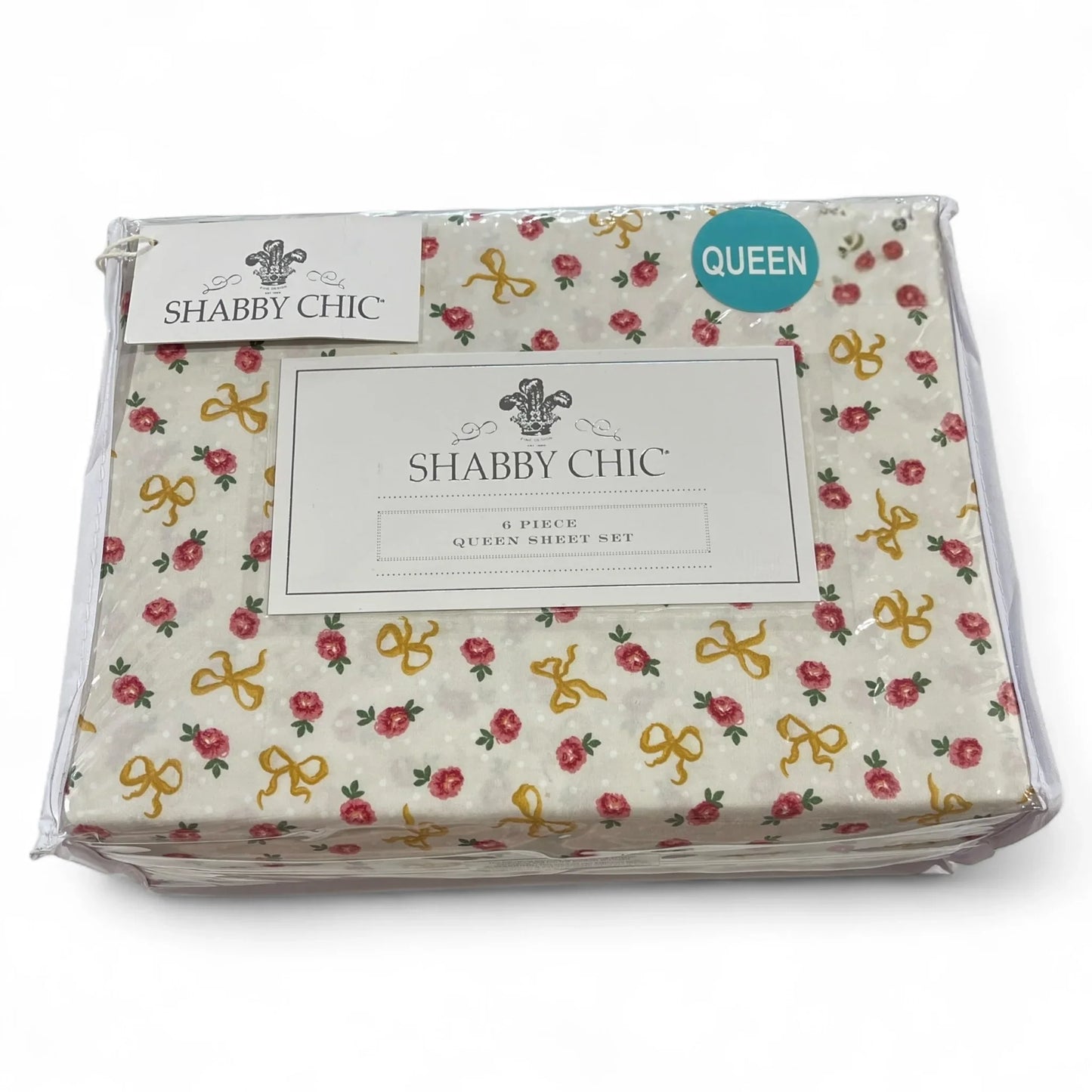 Shabby Chic Queen Sheet Set 6pc Yellow Bow & Rose Floral Pattern, 4 Pillowcases