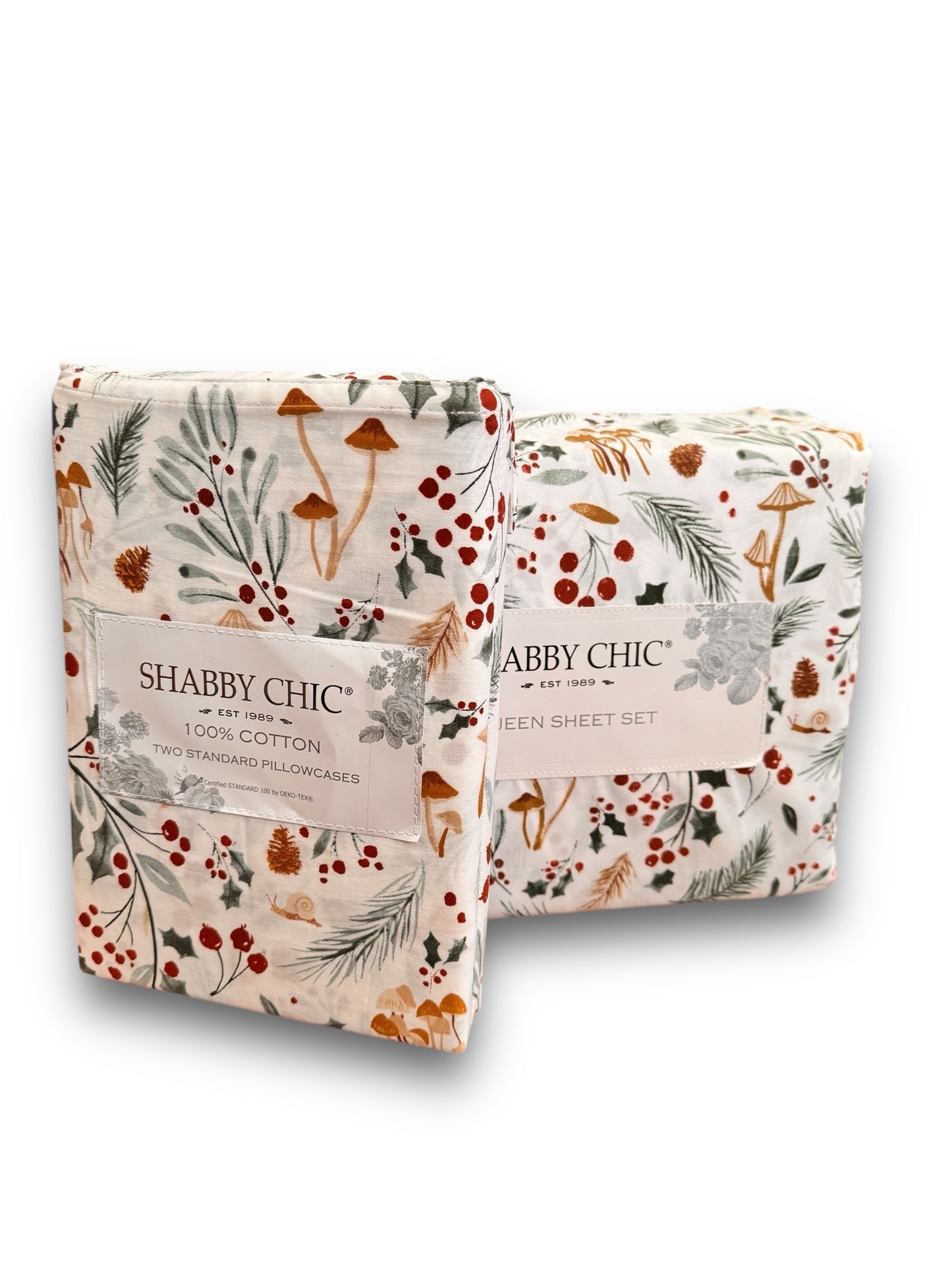 Shabby Chic Rachel Ashwell Christmas Boho Mushroom Holly Queen Sheet Pillow Set