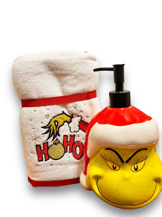 3pc SET Grinch Christmas Bathroom Soap Dispenser & Hand Towel - Trendiez U ♥ 