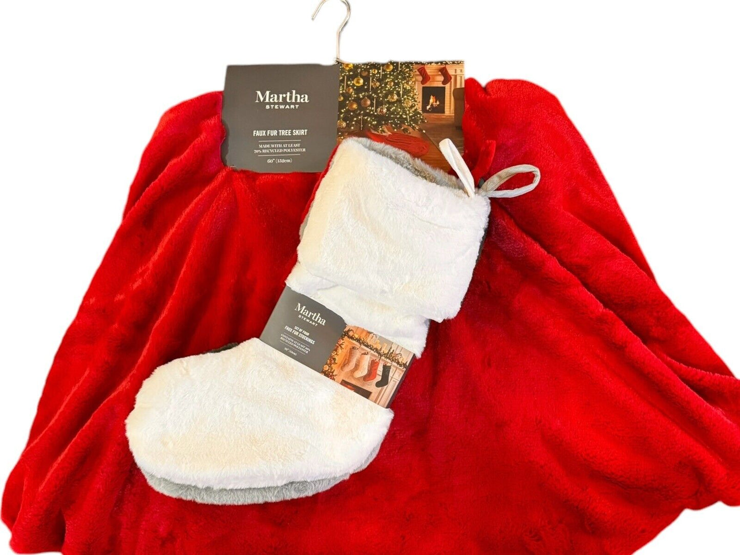 Martha Stewart Christmas Tree Skirt (Red Faux Fur) & Stockings Set(4) 60 Inch