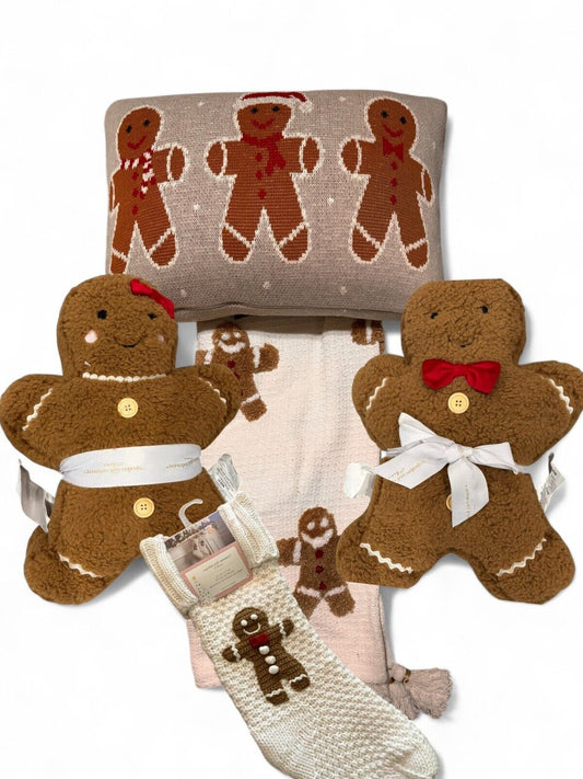 Plush 6 Pc Gingerbread Christmas Set; Girl / Boy Pillows, Blanket Throw, Stockings Set & Couch Throw