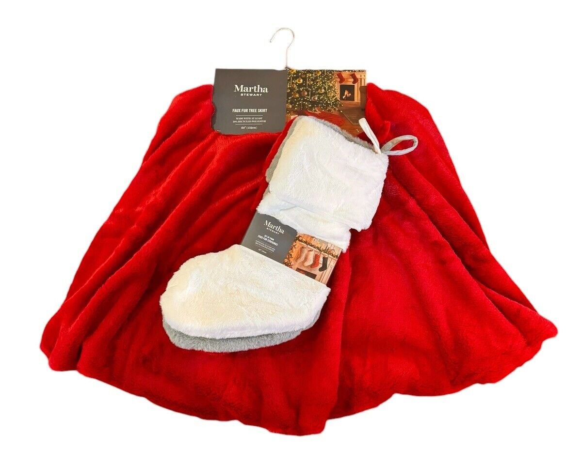 Martha Stewart Christmas Tree Skirt (Red Faux Fur) & Stockings Set(4) 60 Inch