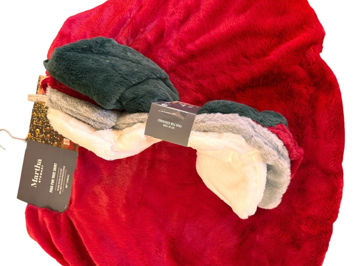 Martha Stewart Christmas Tree Skirt (Red Faux Fur) & Stockings Set(4) 60 Inch