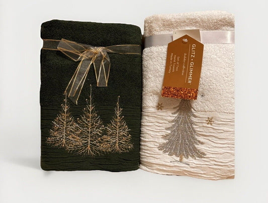 Set of 4 Glitz + Glimmer Christmas Tree Embroidered Bathroom HandTowels White