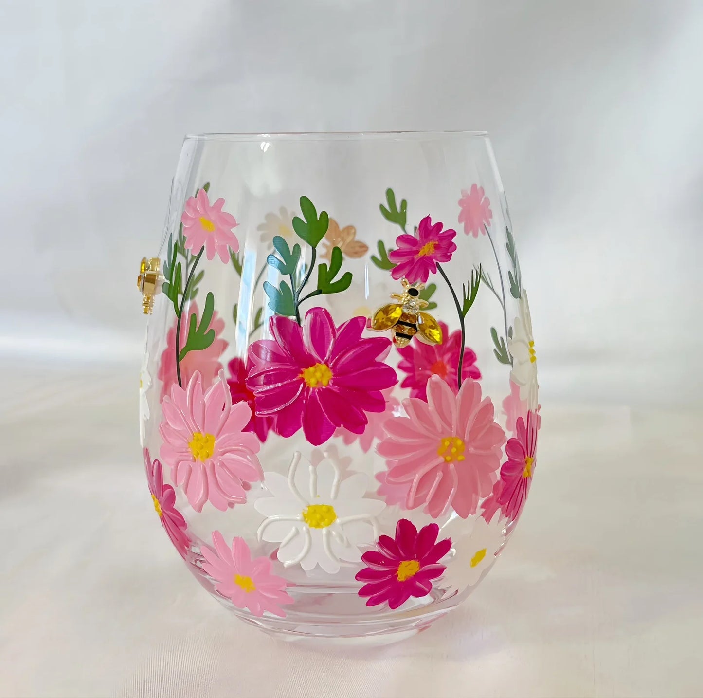 6pc Stemless Wine Glasses Rhinestone Floral Design Hand Painted Spring Summer - Trendiez U ♥ 