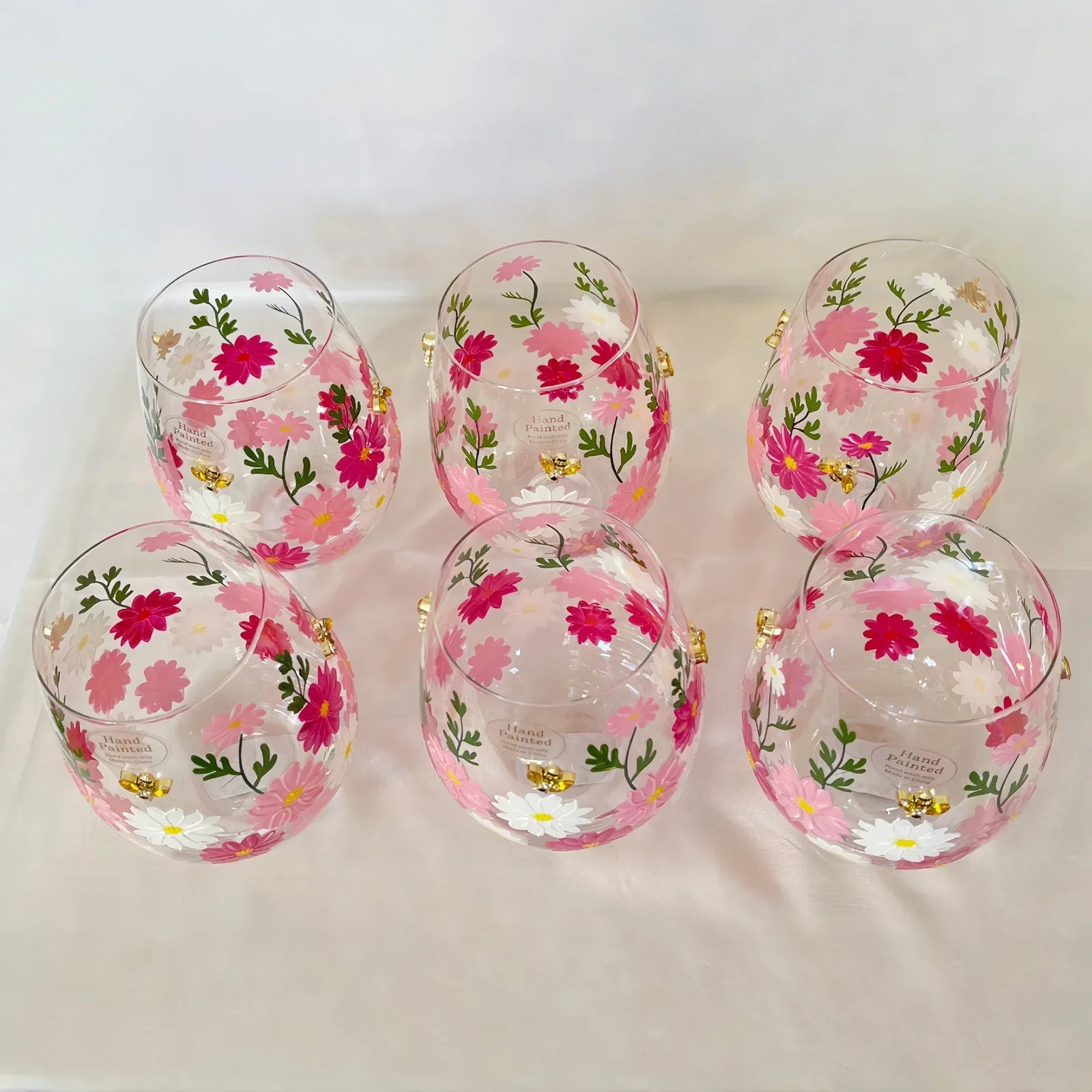 6pc Stemless Wine Glasses Rhinestone Floral Design Hand Painted Spring Summer - Trendiez U ♥ 
