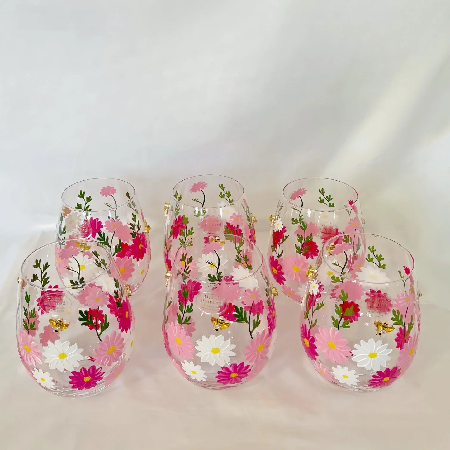 6pc Stemless Wine Glasses Rhinestone Floral Design Hand Painted Spring Summer - Trendiez U ♥ 