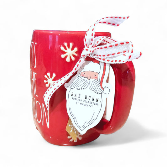 Rae Dunn ’Tis The Season Mug – Red Christmas Coffee Cup with Snowflakes
