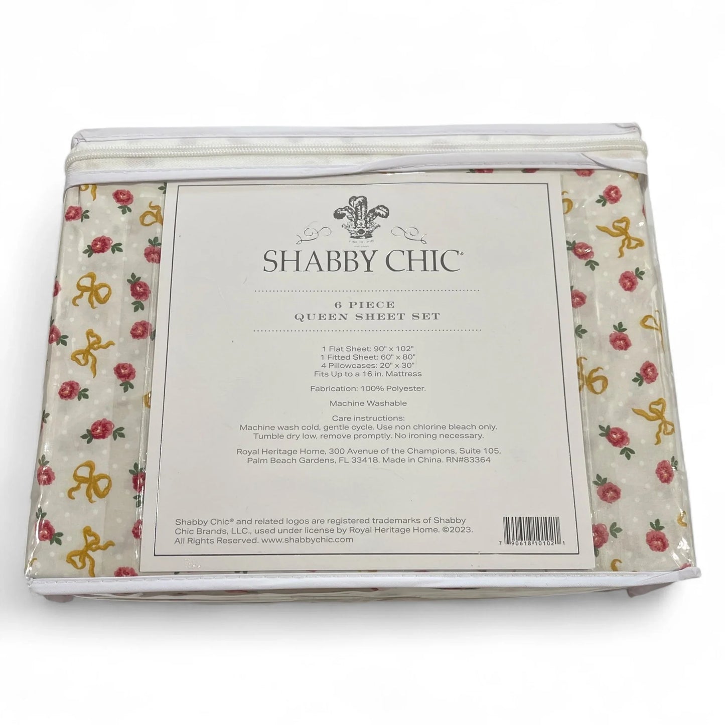 Shabby Chic Queen Sheet Set 6pc Yellow Bow & Rose Floral Pattern, 4 Pillowcases