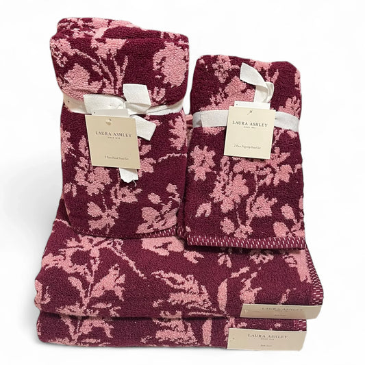 Laura Ashley Cottagecore Farmhouse 6-Piece Floral Towel Set – Burgundy & Pink