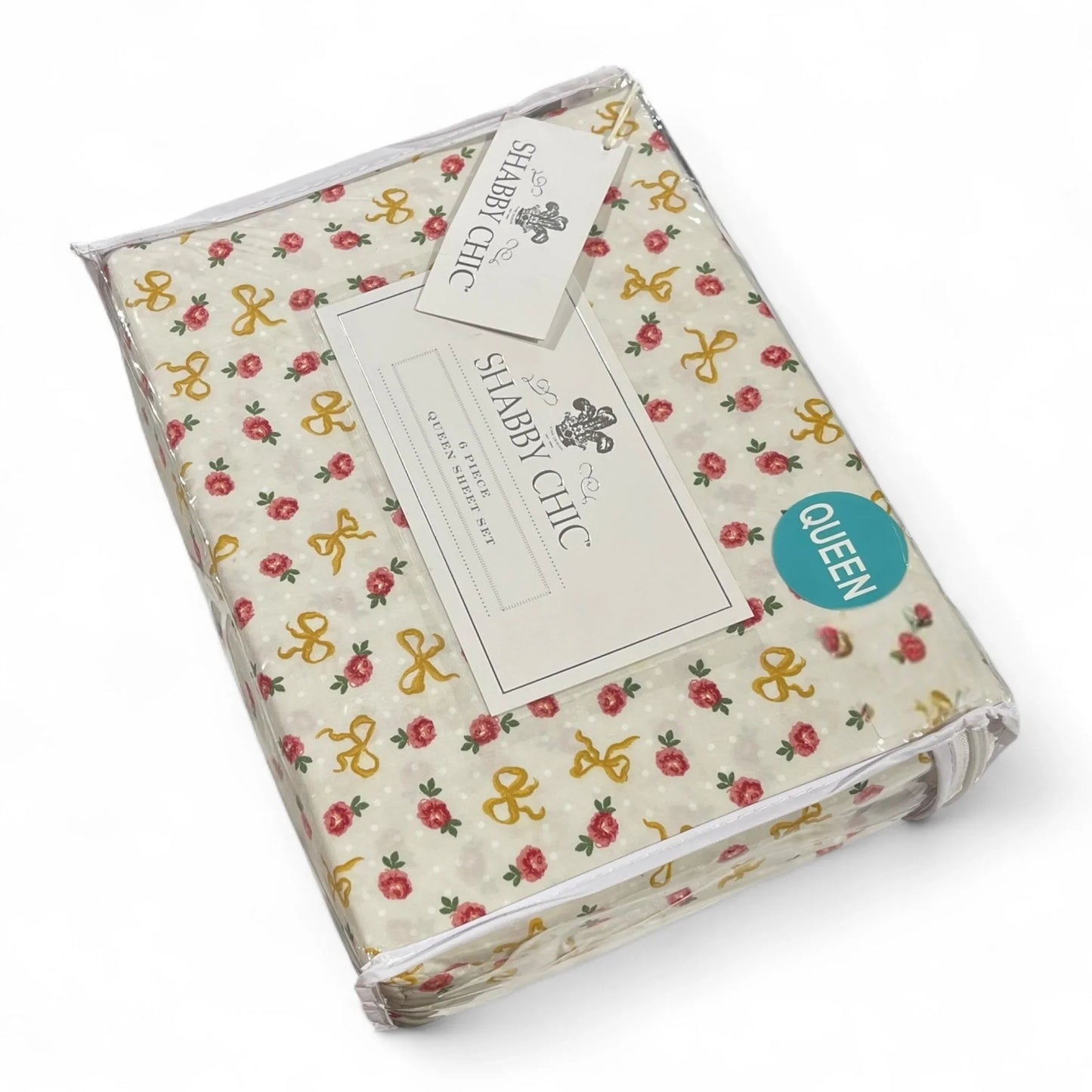 Shabby Chic Queen Sheet Set 6pc Yellow Bow & Rose Floral Pattern, 4 Pillowcases