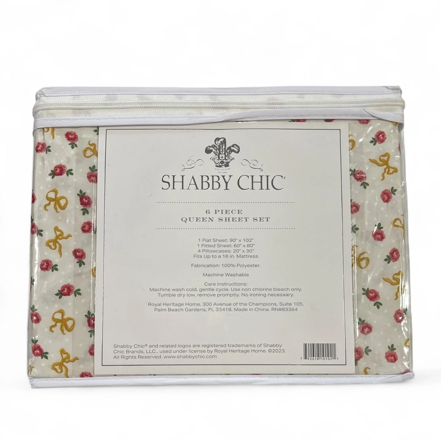 Shabby Chic Queen Sheet Set 6pc Yellow Bow & Rose Floral Pattern, 4 Pillowcases