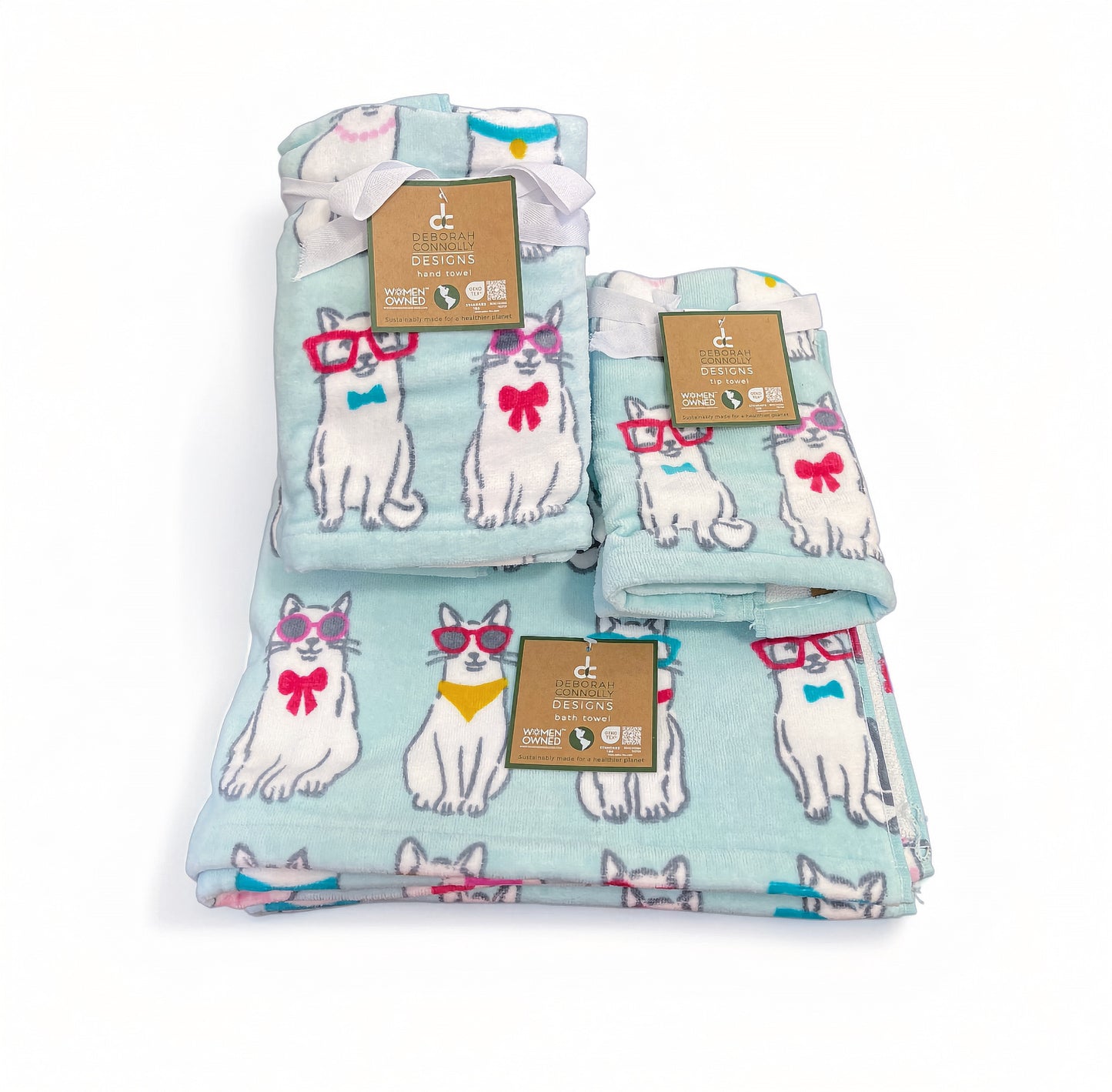 Deborah Connolly Cat Print Blue Bath Towel Set