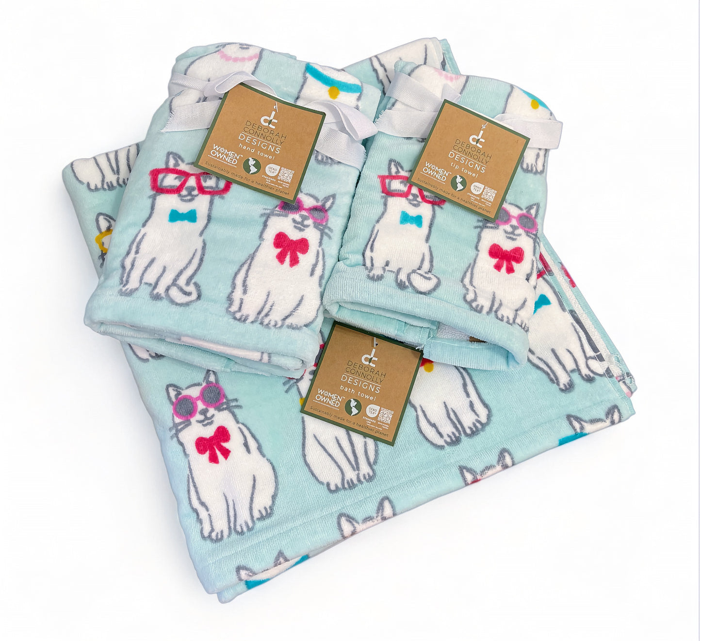 Deborah Connolly Cat Print Blue Bath Towel Set