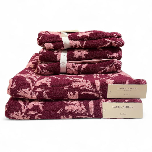 Laura Ashley Cottagecore Farmhouse 6-Piece Floral Towel Set – Burgundy & Pink
