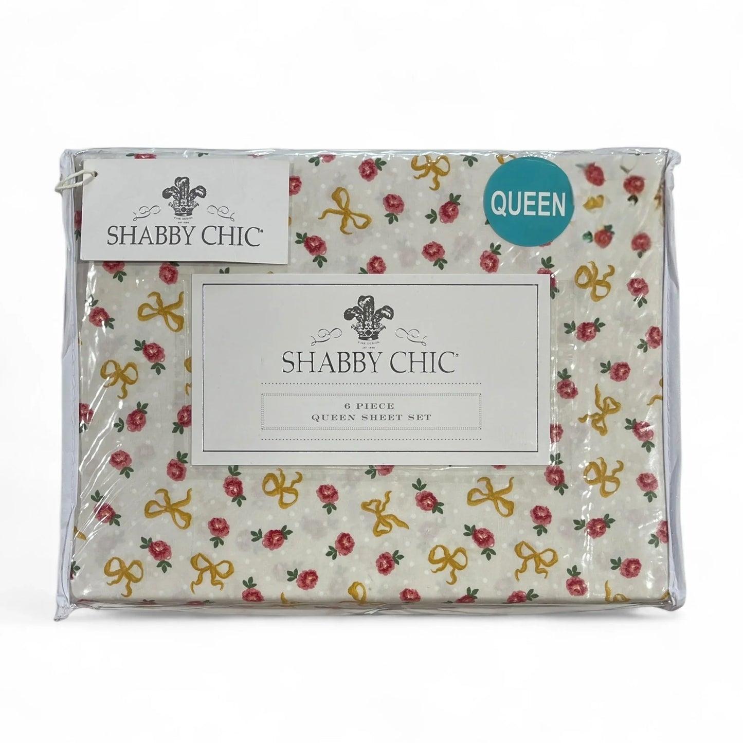 Shabby Chic Queen Sheet Set 6pc Yellow Bow & Rose Floral Pattern, 4 Pillowcases