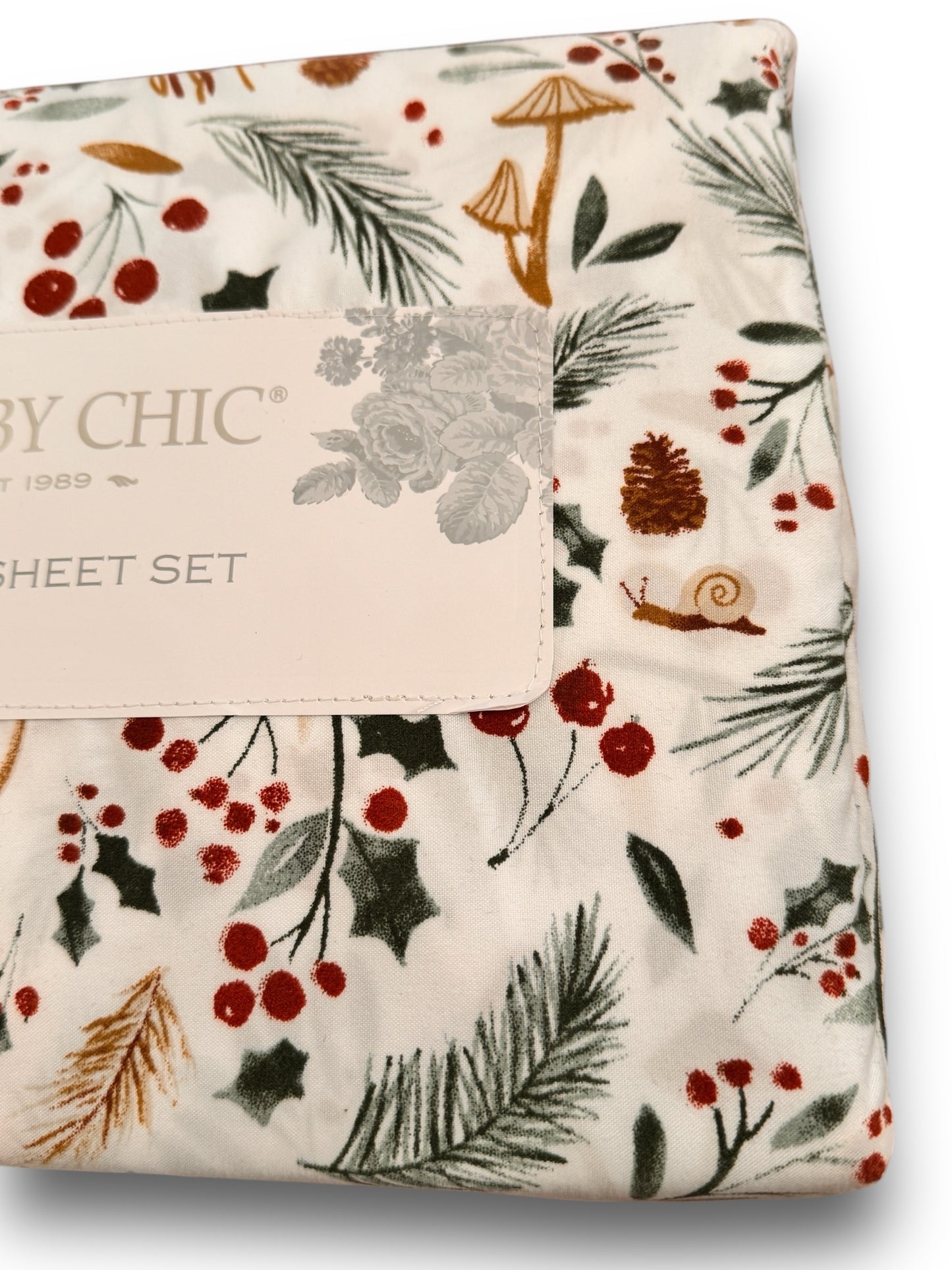 Shabby Chic Rachel Ashwell Christmas Boho Mushroom Holly Queen Sheet Pillow Set