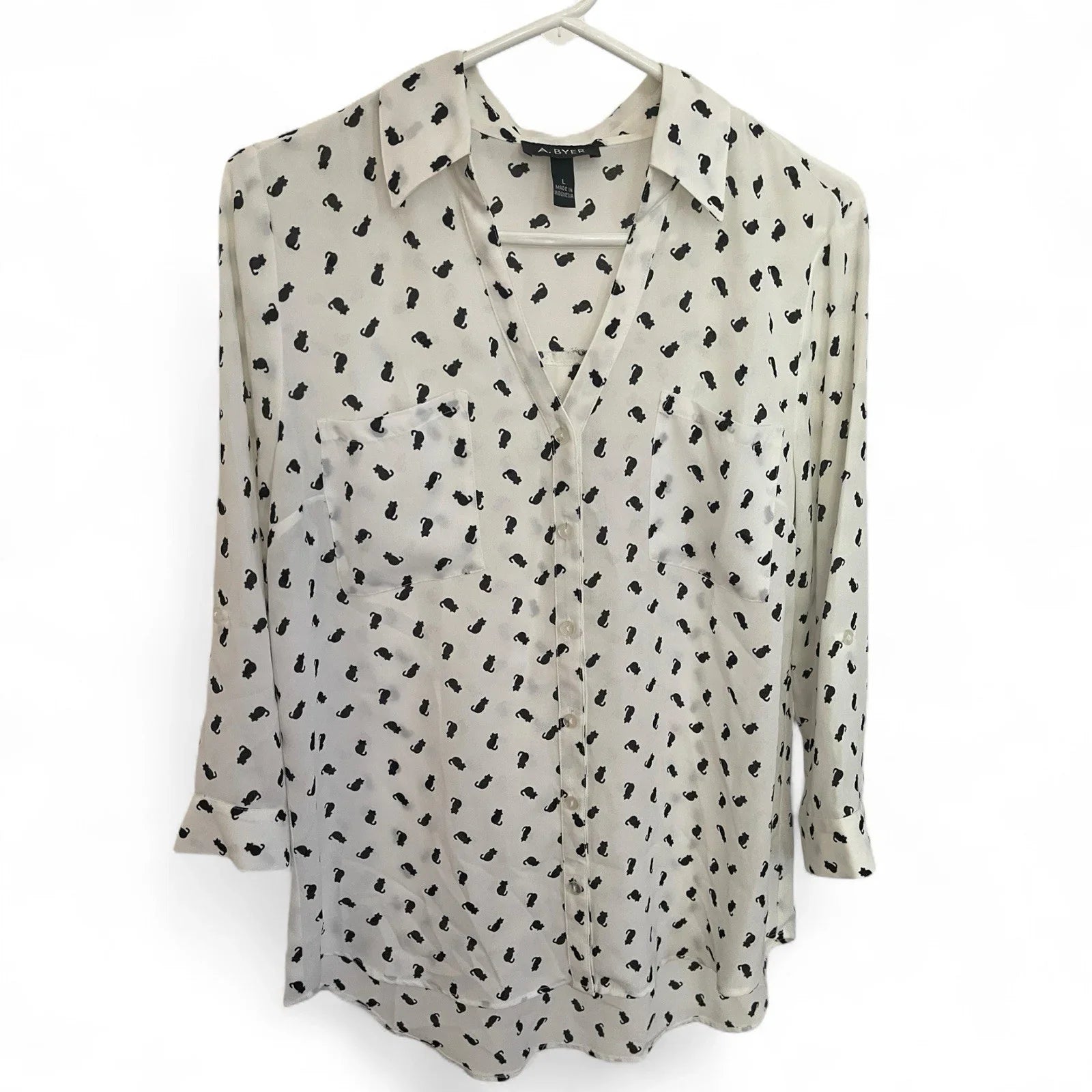 A BAYER Cat Print Women’s Blouse Size L Black/White - Trendiez U ♥ 