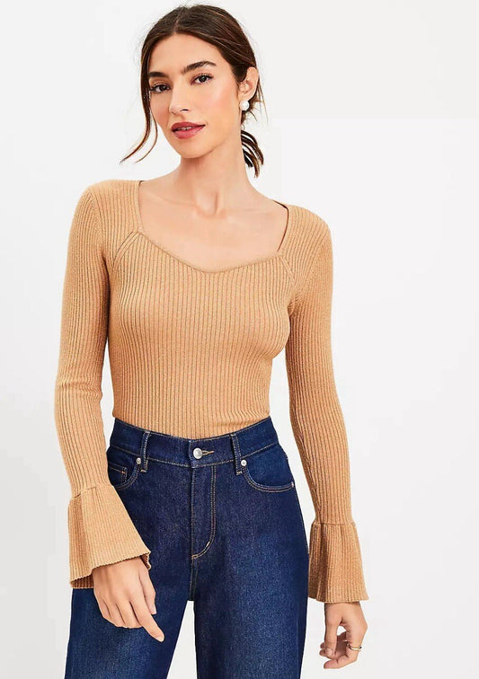 Ann Taylor LOFT Ribbed Sweetheart Neck Flare Cuff Caramel Comfy Sweater Sz Large - Trendiez U ♥ 