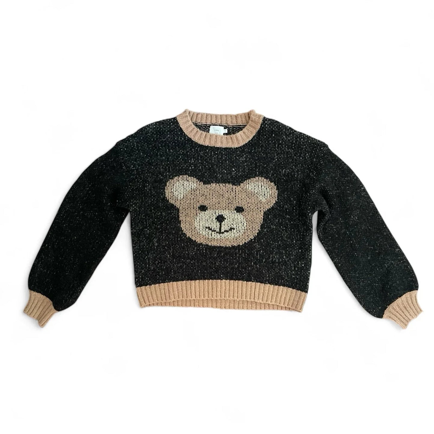 Anthropologie Luna Ivy Cozy Teddy Bear Cropped Loose Fit Sweater Black Tan Sz S - Trendiez U ♥ 