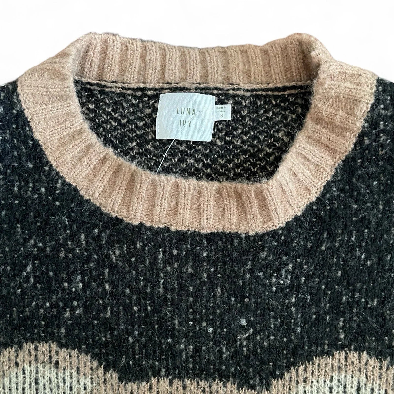 Anthropologie Luna Ivy Cozy Teddy Bear Cropped Loose Fit Sweater Black Tan Sz S - Trendiez U ♥ 