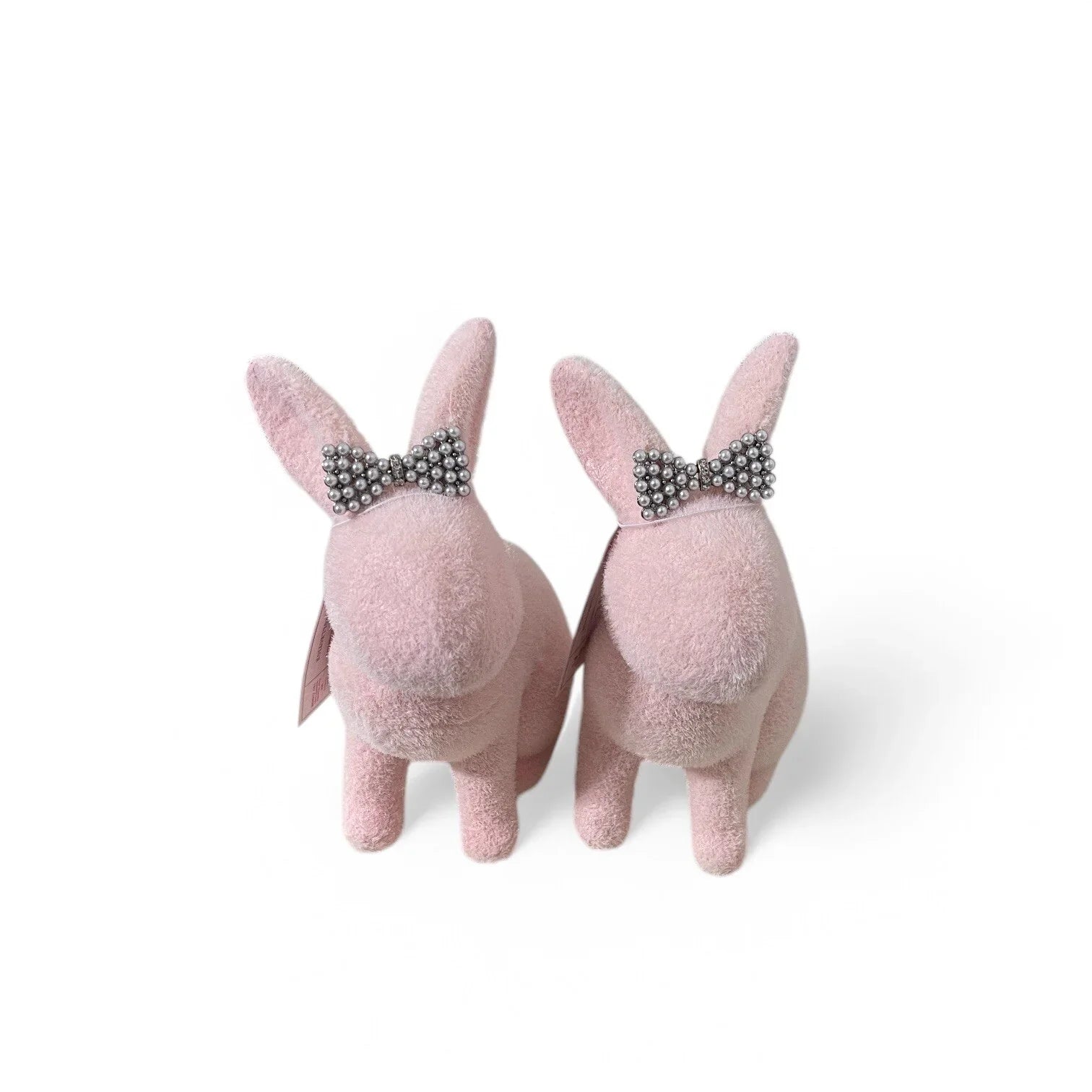 Bella Lux 6” Flocked Pink Bunnies Set of 2 Rhinestone & Pearl Bow Easter Decor - Trendiez U ♥ 