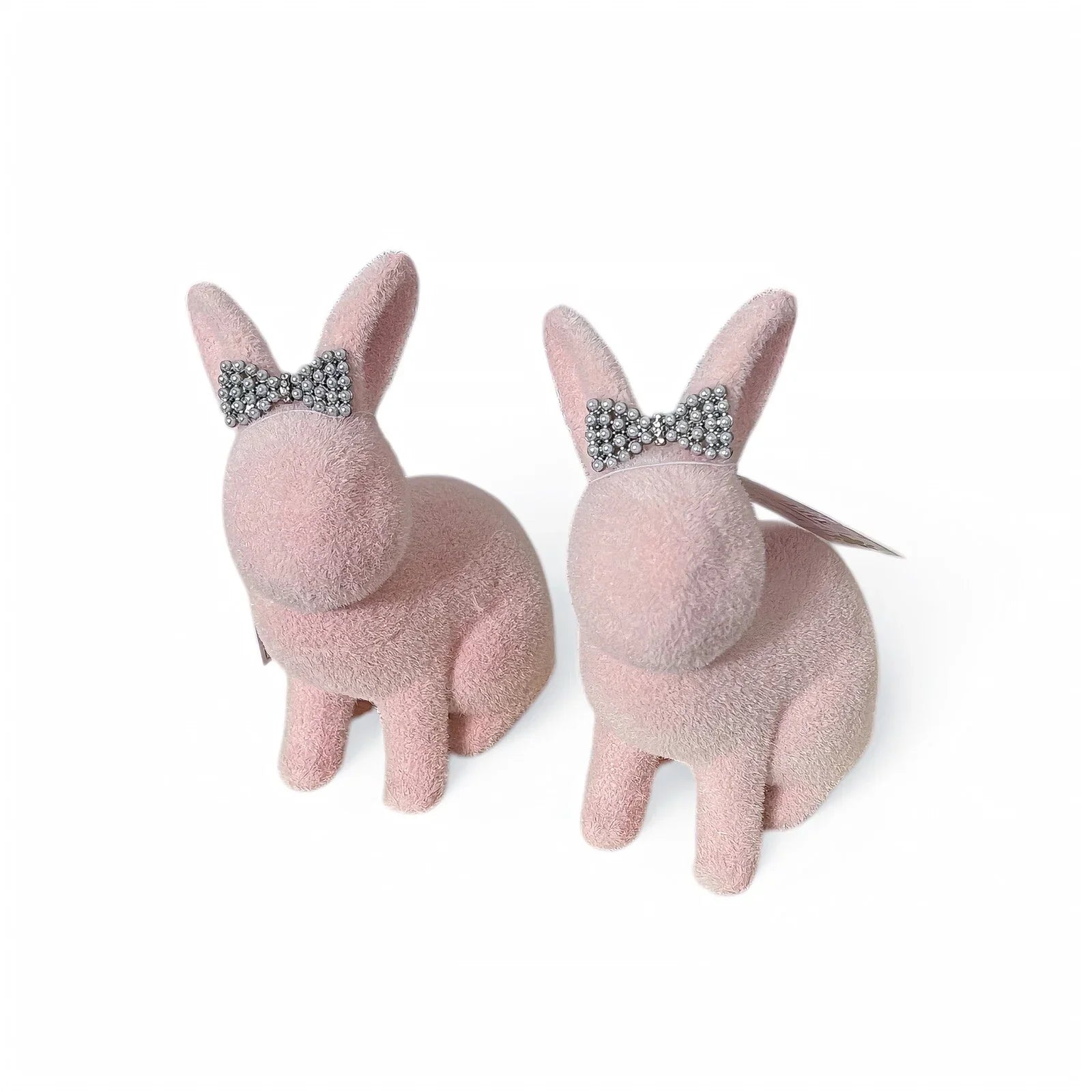 Bella Lux 6” Flocked Pink Bunnies Set of 2 Rhinestone & Pearl Bow Easter Decor - Trendiez U ♥ 