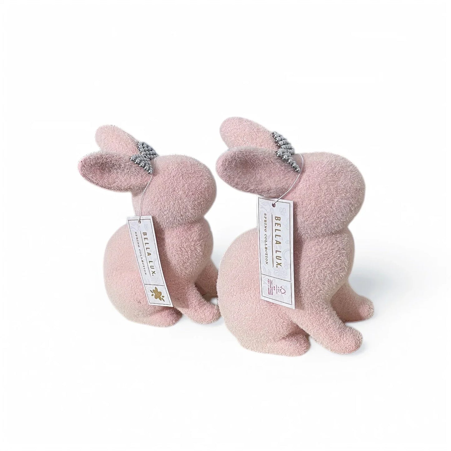 Bella Lux 6” Flocked Pink Bunnies Set of 2 Rhinestone & Pearl Bow Easter Decor - Trendiez U ♥ 