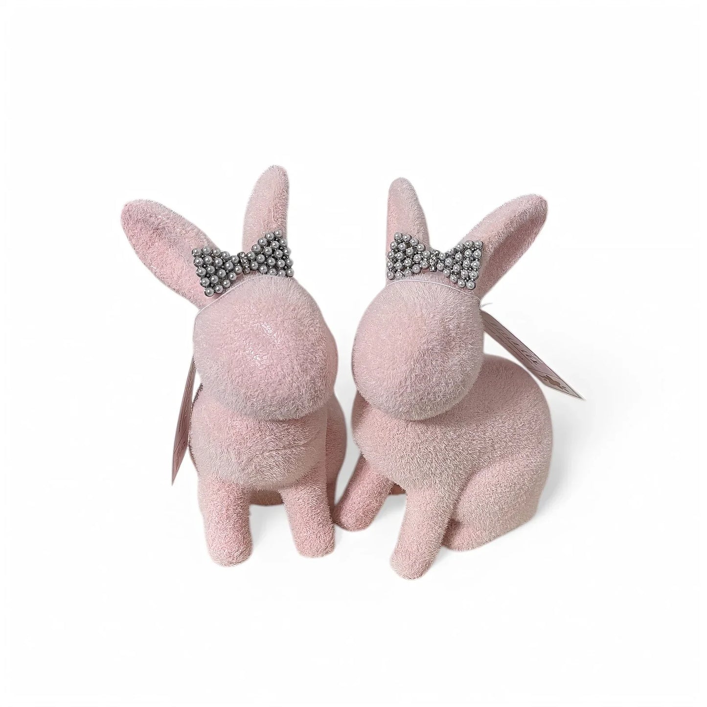 Bella Lux 6” Flocked Pink Bunnies Set of 2 Rhinestone & Pearl Bow Easter Decor - Trendiez U ♥ 