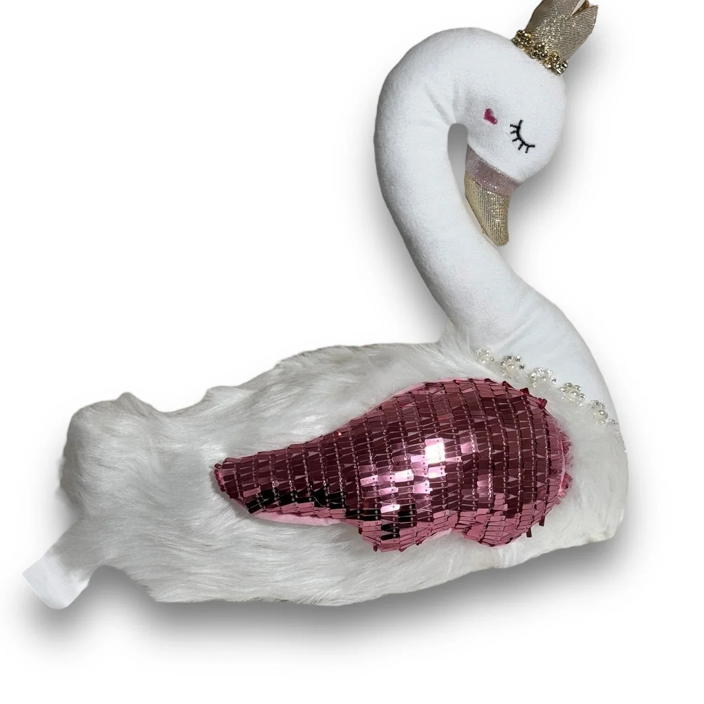 Bella Lux White Swan Plush Shelf Sitter Pink White Beanbag Sparkly 13x13 - Trendiez U ♥ 