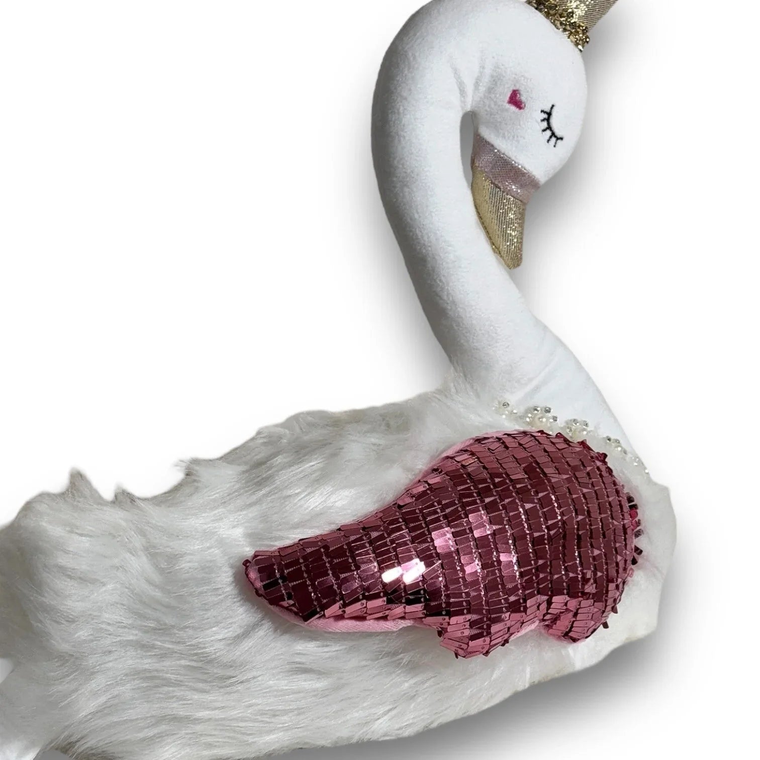 Bella Lux White Swan Plush Shelf Sitter Pink White Beanbag Sparkly 13x13 - Trendiez U ♥ 