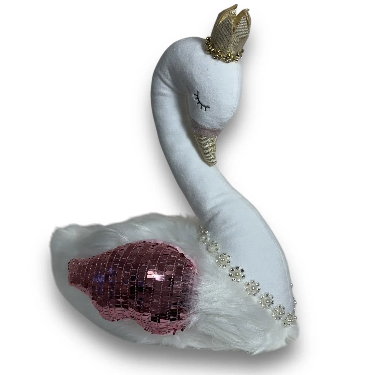 Bella Lux White Swan Plush Shelf Sitter Pink White Beanbag Sparkly 13x13 - Trendiez U ♥ 